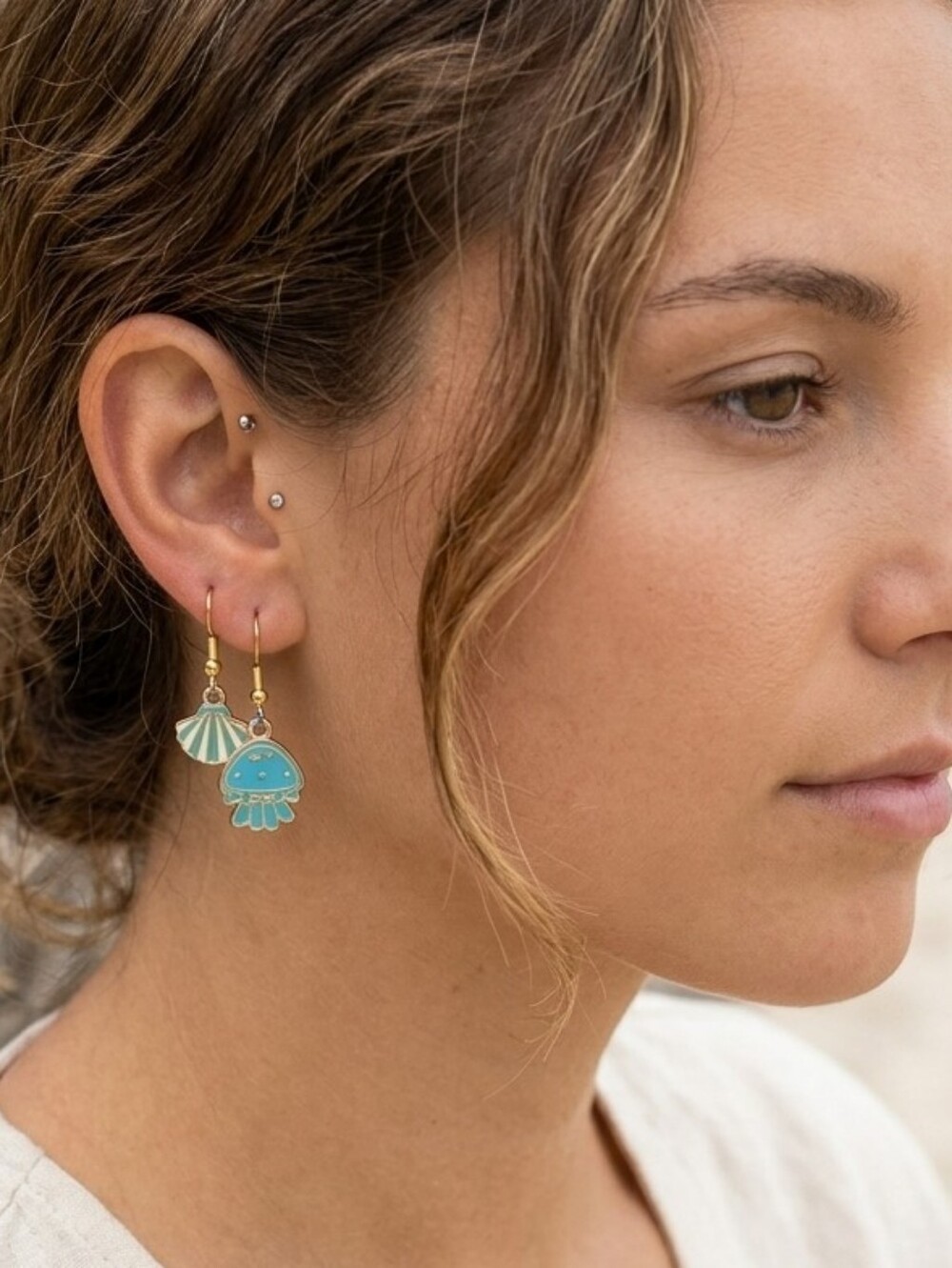 Handcrafted Set Of Two Ocean Themed Earrings Shell And Jellyfish